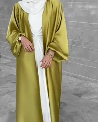 LangChi Fashion Muslim Dress Puff Sleeve Open Cardigan Colorful Elegant Kimono Silky Satin Abaya