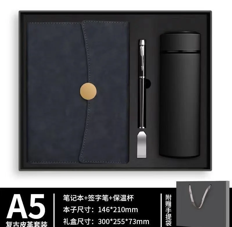Customized Metal Logo Luxury Notebook Set Business Office Three Fold Diary Black Blue Pu Leather Journal Pen Gift Box Package