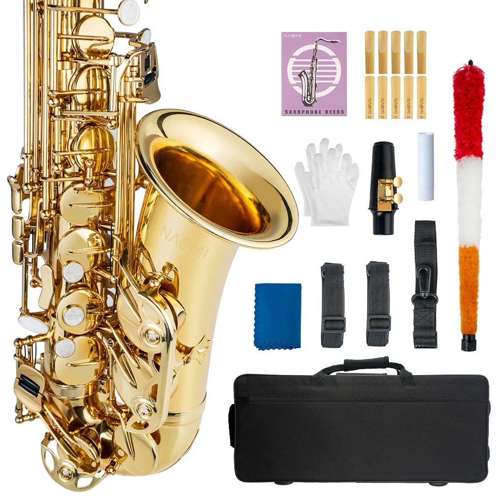 NAOMI Saxophone Eb Alto Saxophone Brass Gold Lacquered E Flat Sax 802  F Key With Cleaning Brush Cloth Gloves Strap Padded Case