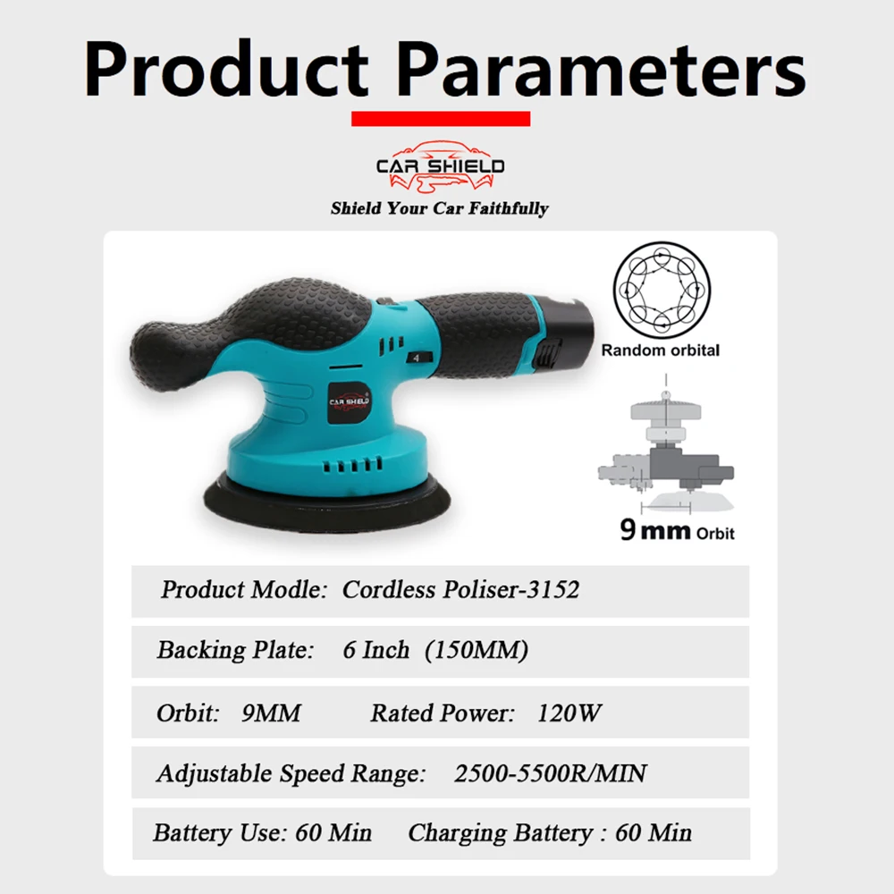 CarShield Support OEM 6Inch 9m DA Polish Waxing Machine Cordless Professional Dual Action Car Buffer Polisher for Detailing