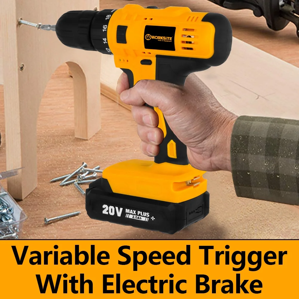 WORKSITE Customized 20V Power Drill Battery 19+1 Chuck 30Nm Portable Rechargeable Cordless Drill Driver