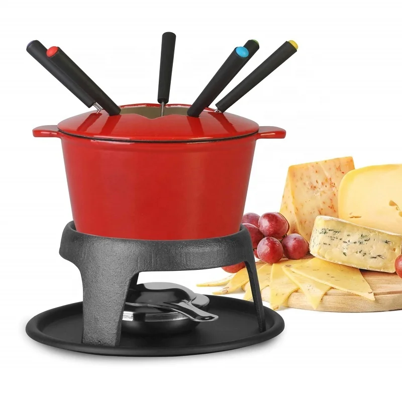 Cast iron melting pot white ceramic chocolate fondue set cheese butter melting pot set with 6pcs forks