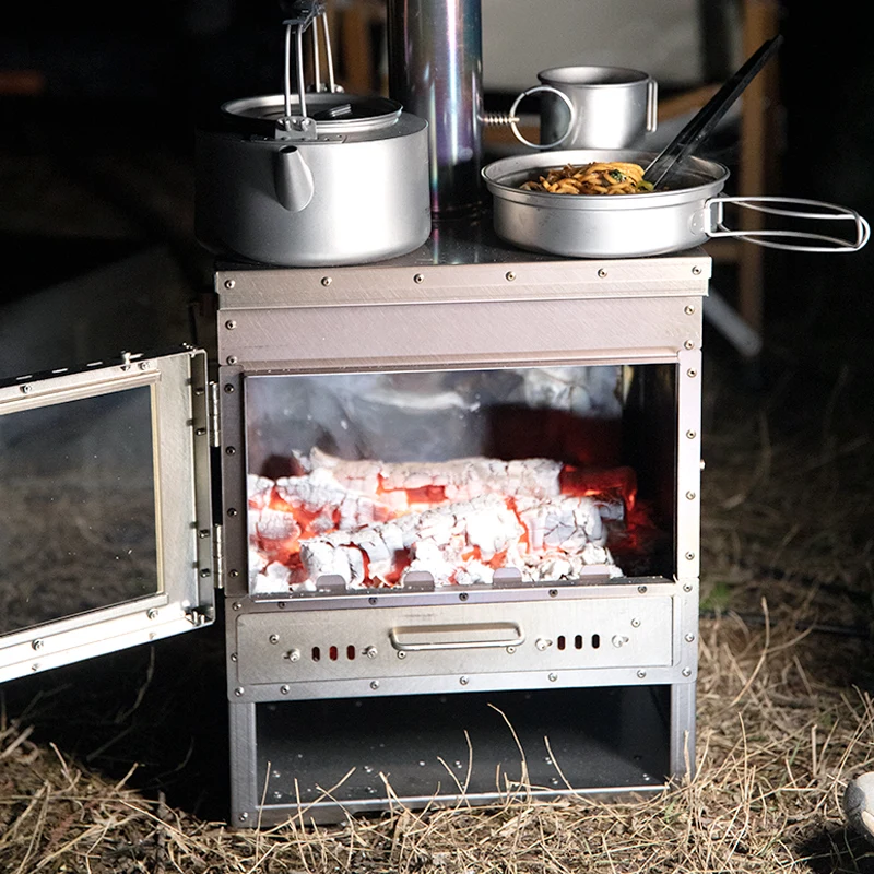 Camping Firewood Stove stainless steel Folding Portable Brazier Tent Wood Heater Furnace with Chimney Outdoor Ultralight Burner
