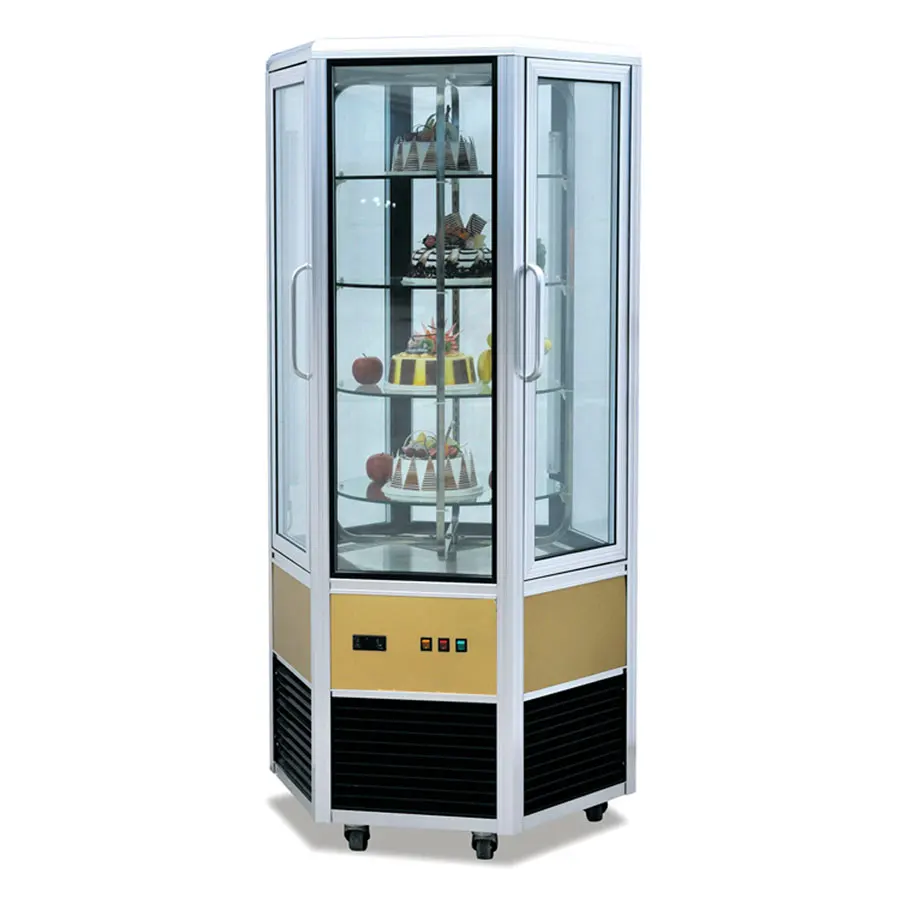 Cheap tall three sides glass vertical cake display cooler showcase refrigerated display cabinet