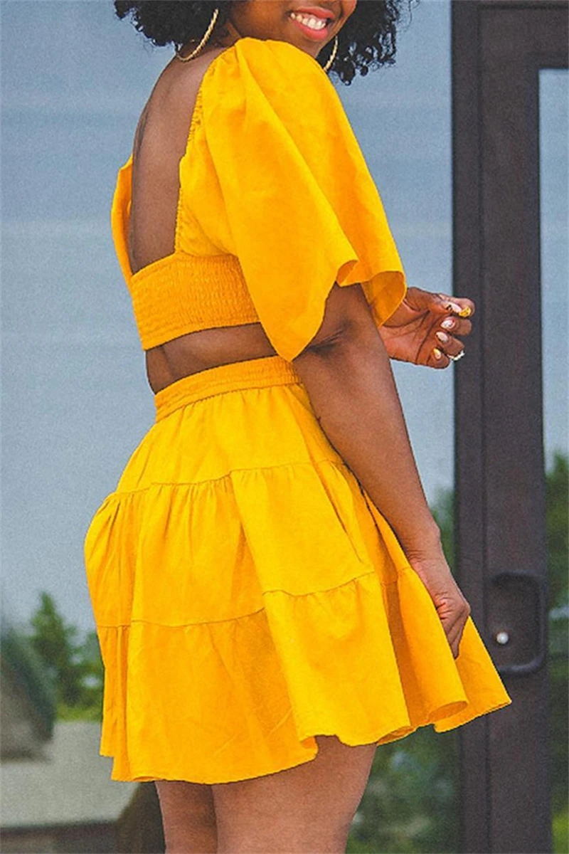 2024 summer frock design women lady modest elegant casual yellow square collar hollow out waist mini dress collection for women