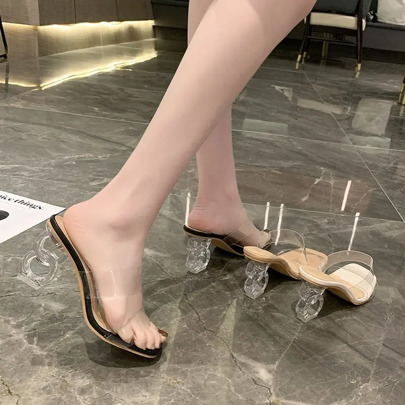 2021Summer New Design Transparent Sandal Crystal High Heels 7 cm PU Pure Color Sandal