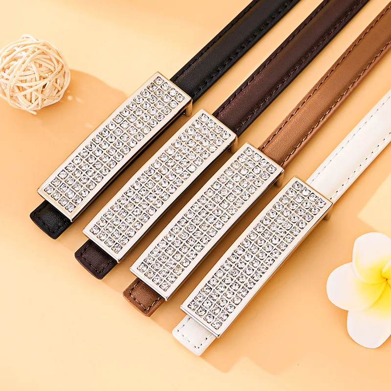 Custom Fashionable Accessories Gold Rhinestone Women Buckle Black Faux Pu Leather Belt