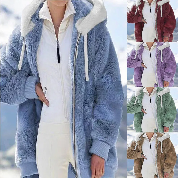 Hot sale women new autumn and winter loose plush zipper hooded coat