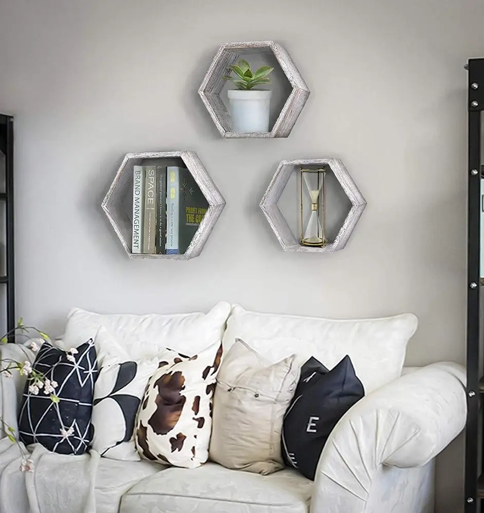 Rustic  Hexagonal Farmhouse Shelves floating wood shelves for Bedroom