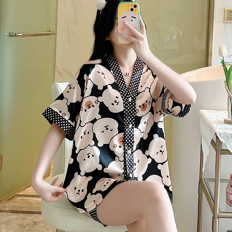 Wholesale Custom 2023 Loungewear 23 Colors Pattern Short Sleeve Sleepwear 2pcs Ice Silk Pajamas For Women Set