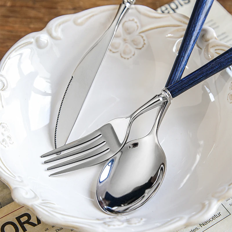 High Quality Flatware Stainless Steel Home Cutlery Camping Fork Spoon Knife Set With Blue Wooden Handle