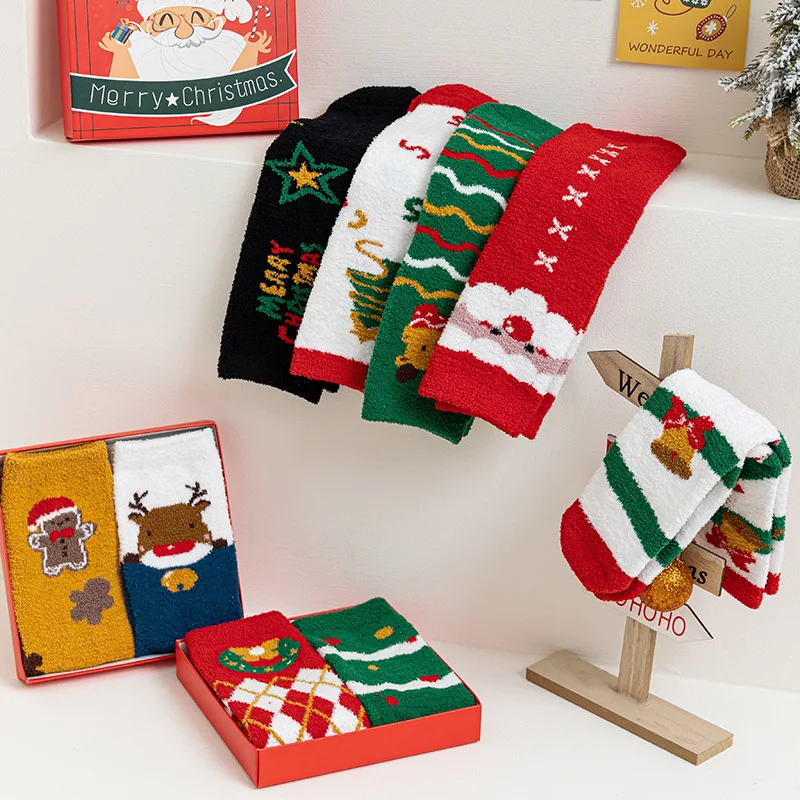 KTS198 OEM Custom Box Gift Holiday 2 Pairs Christmas Socks Double-Sided Velvet Warm Thick Winter Home Sleeping Xmas Socks