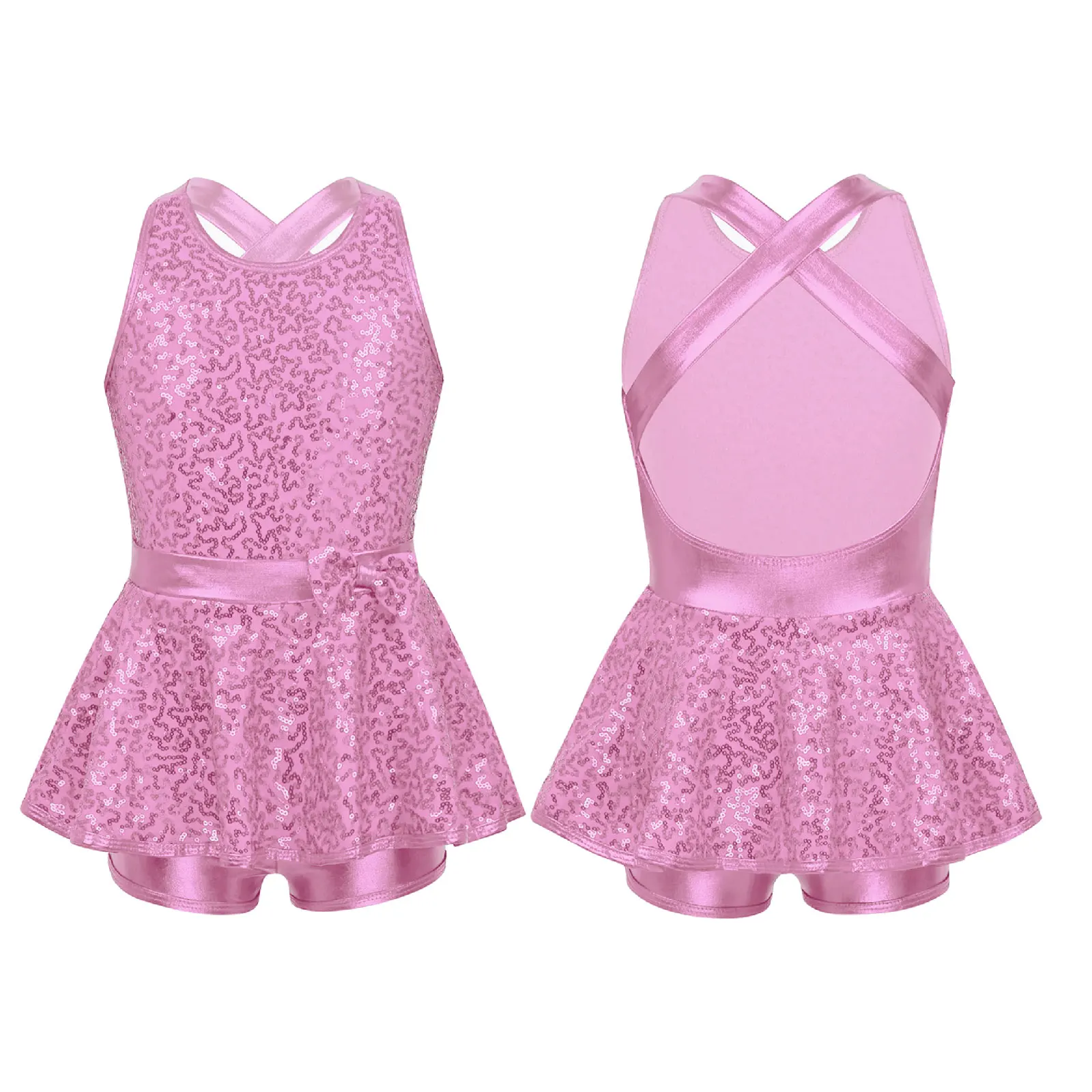 Kids Girls Jazz Tap Ballet Dancewear Sleeveless Sequined Cross Back Waist Bowknot Modern Dance Leotard Dress