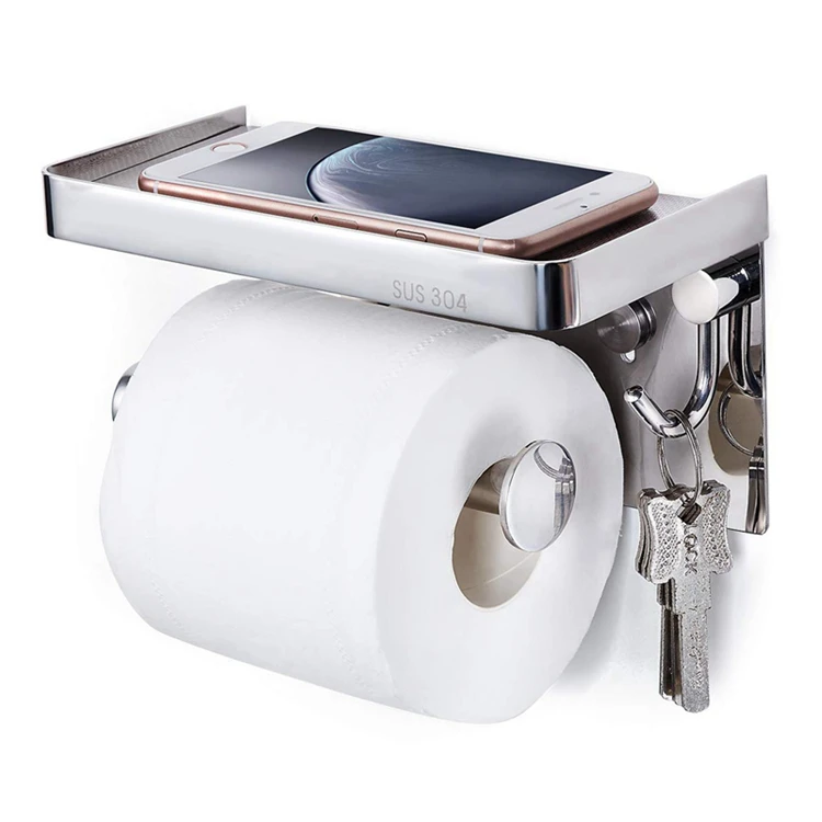 
Luxury Bathroom Accessories 304 Stainless Steel Wall Mounted Modern Toilet Paper Roll Holder with Phone Shelf 