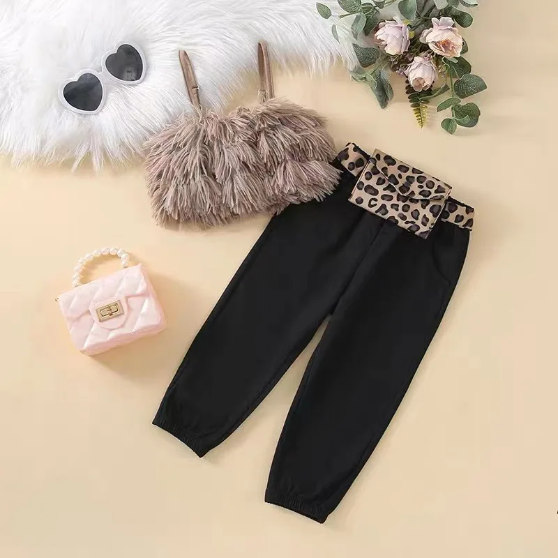 Summer Fashion Kids Girls 3pcs Clothes Sets Furry Spaghetti Strap Tank Tops + Long Pants + Waist Bag Children Outfits