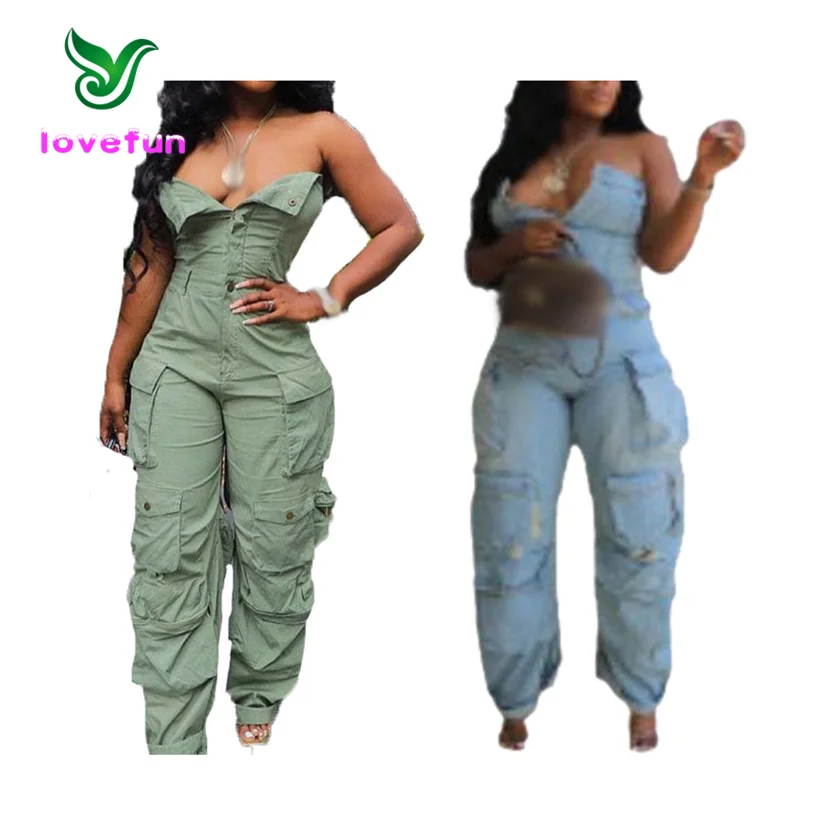 Autumn 2023 Women Straight Pants Romper Strapless Buttons Casual Playsuits Trendy Pockets Cargo Jumpsuits