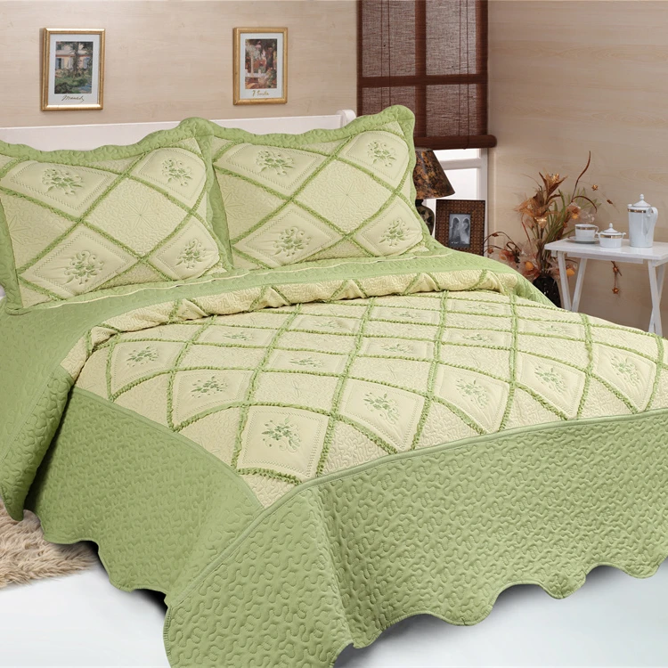 Hot Sale New Design Embroidery  With Ruffle on Surface Microfiber 3pcs Lightweight Luxury Bedspread Set