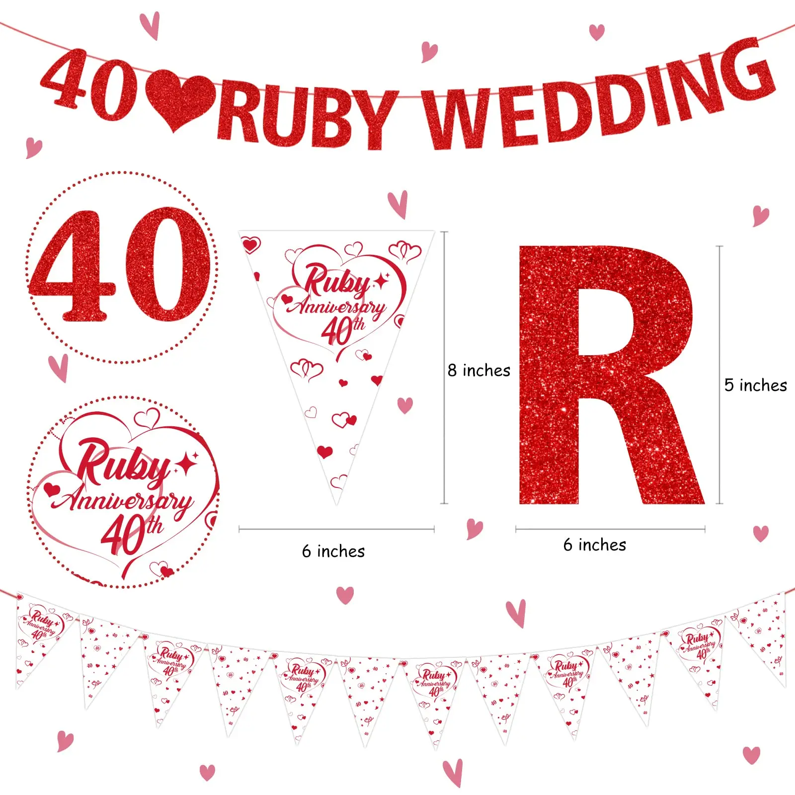 Ruby 40th Anniversary Balloons Bunting Red Heart Rings Cake Topper Satin Sash for 40th Couple Anniversary Party Supplies