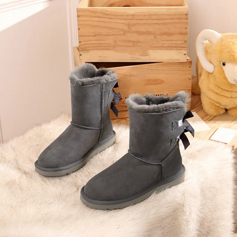 Wholesale Casual Waterproof Bowknot Fur Soft Genuine Leather Custom Platform Shoes Double Bow Snow Ladies Winter Boots for women