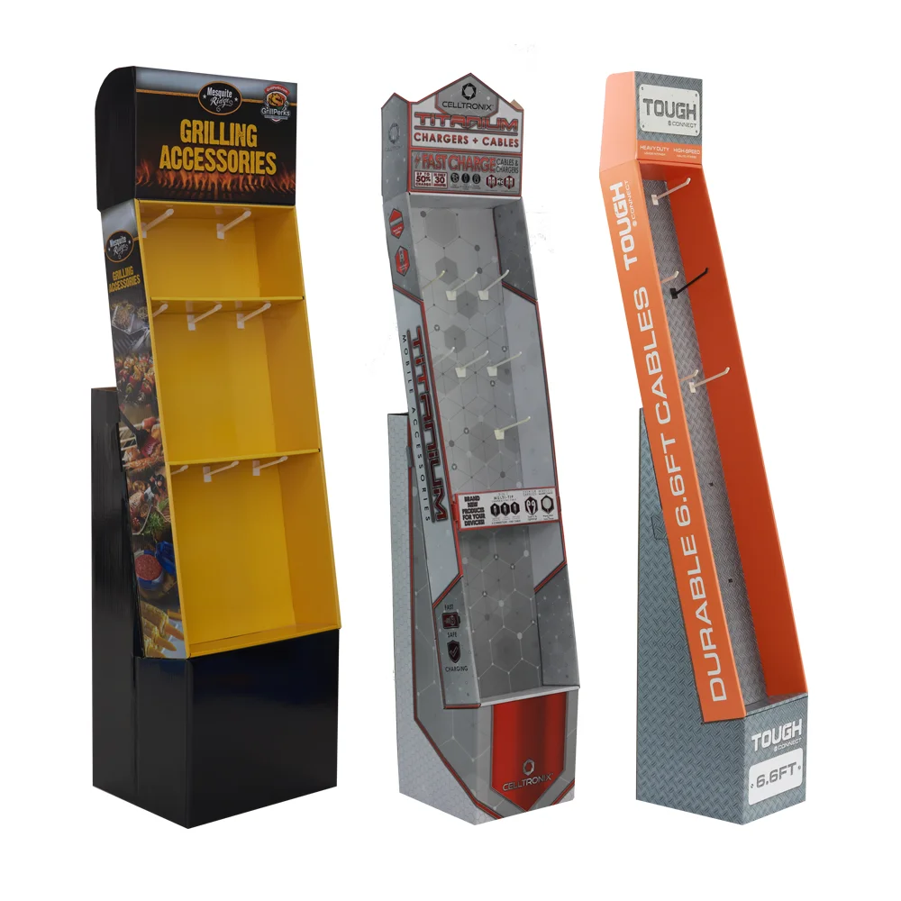 Hot Peg Hook Corrugated Cardboard Retail Display Stand For Shop For Supermarket