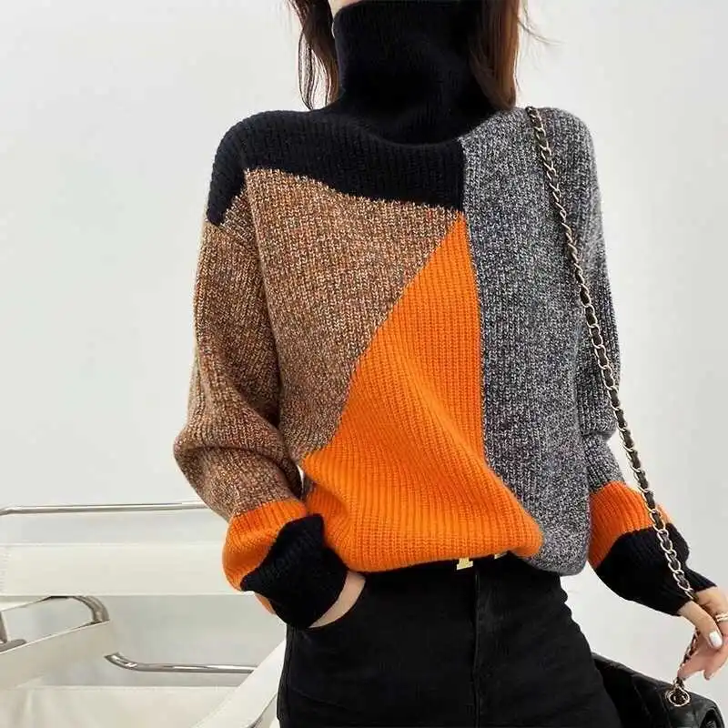 1565 Ladies High Neck Color Blocking 2021 Winter  Oversized Sweaters Soft Pullover For Women