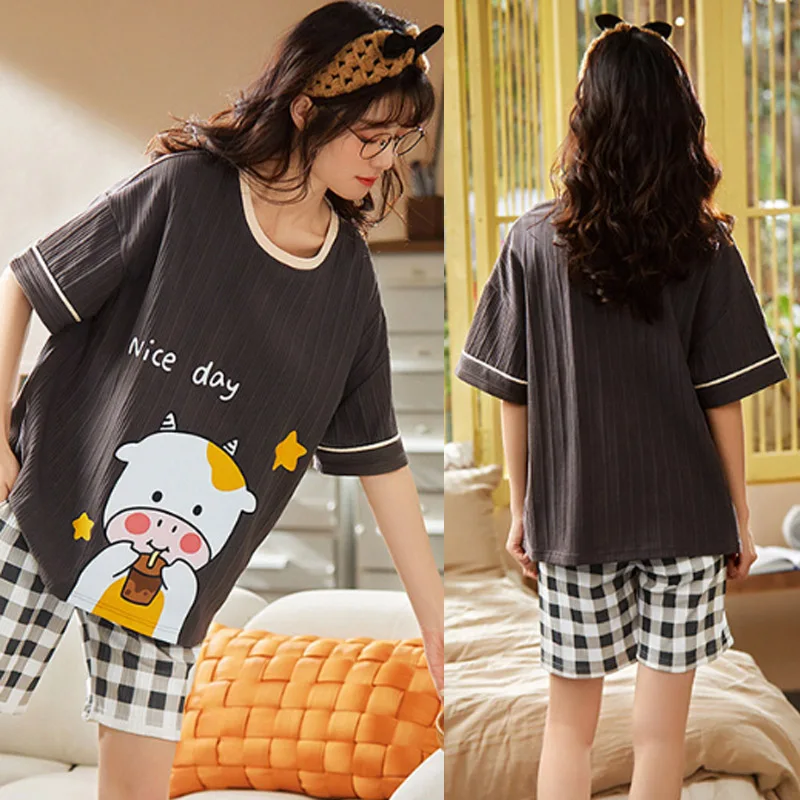 AIMINYZ 2023 Sleepwear Women Short Sleeve Knitted Cotton Short Sleeved Women And MenPullover Homewear Casual Clothes At Home