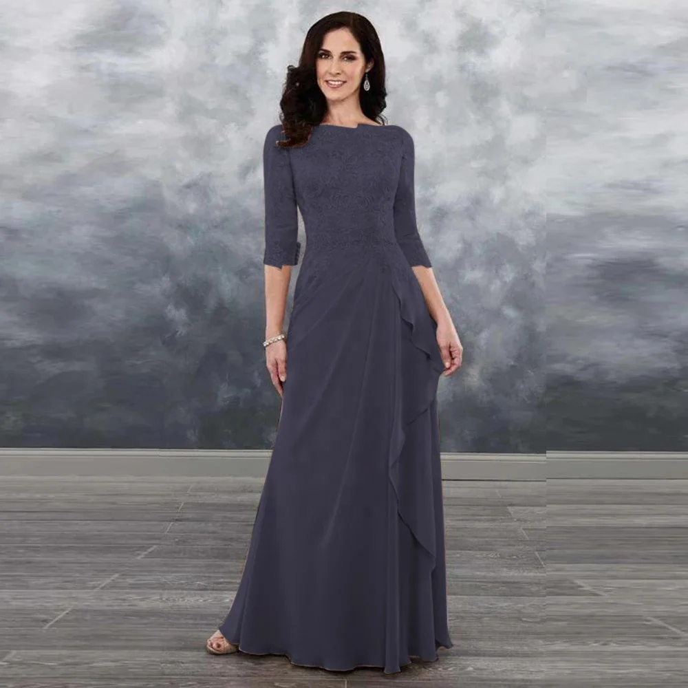 Pleated Lady Wedding Party Dress Three Quarter Sleeve Lace Chiffon Mother Of The Bride Dress
