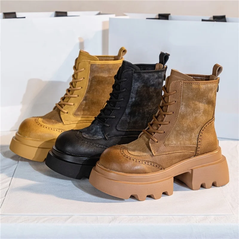 Dropshipping Custom Logo 2024 Winter Genuine Leather Platform Boots Women Shoes Ladies Ankle Bootie Martin Boots for Ladies