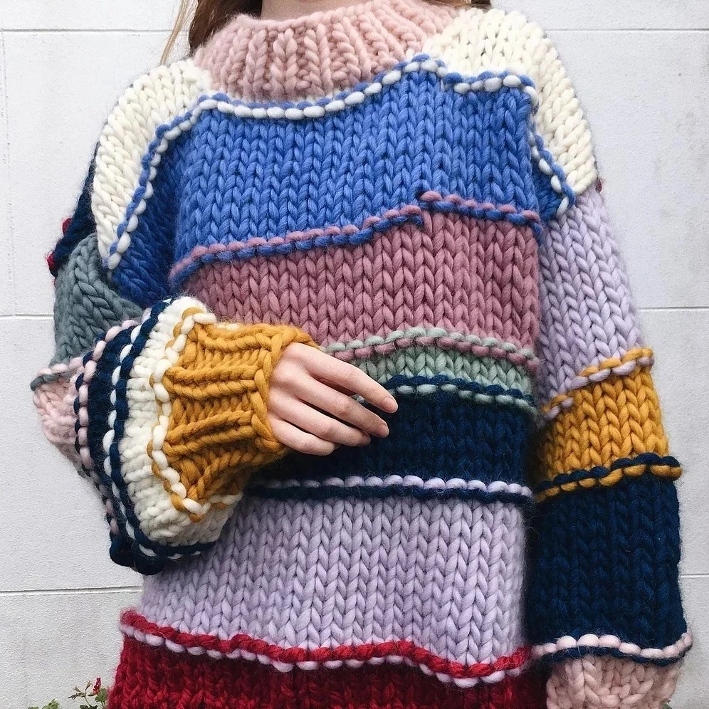 European And American Wind Autumn Big Size Fat Woman Bumps Color Winter Pure Handwork To Weave Coarse Needle Sweater Coat Female