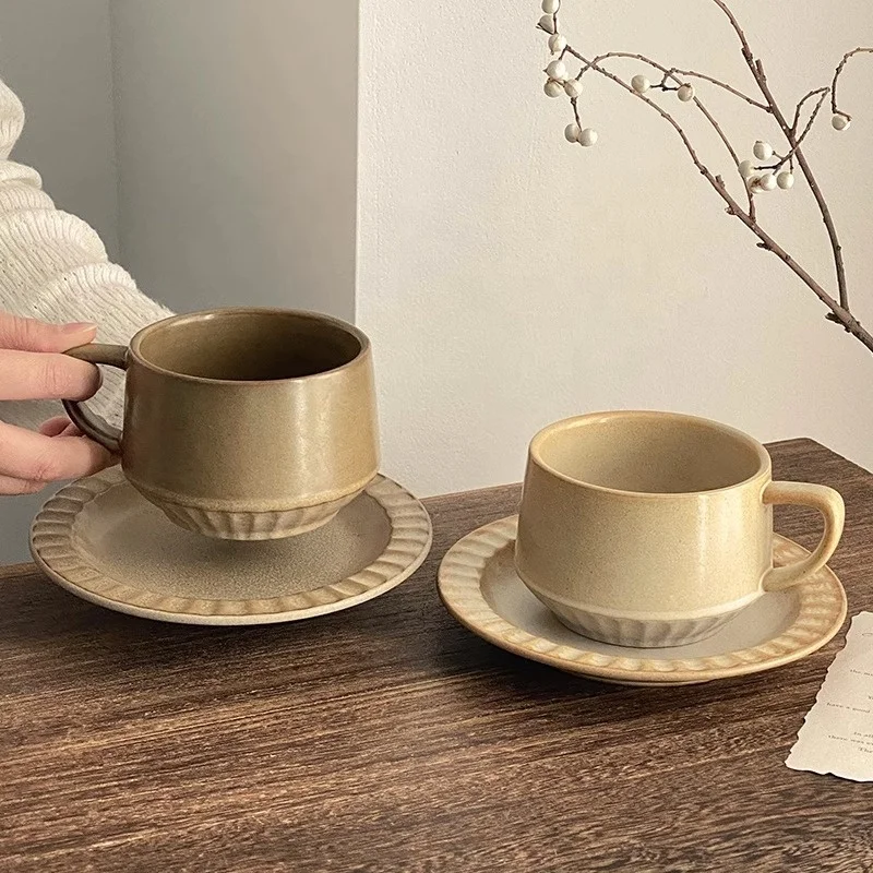 Elegant Ceramic Latte Art Cup Green Yellow Brown Branded Afternoon Tea Mug Vintage Coffee Mugs For Cafe