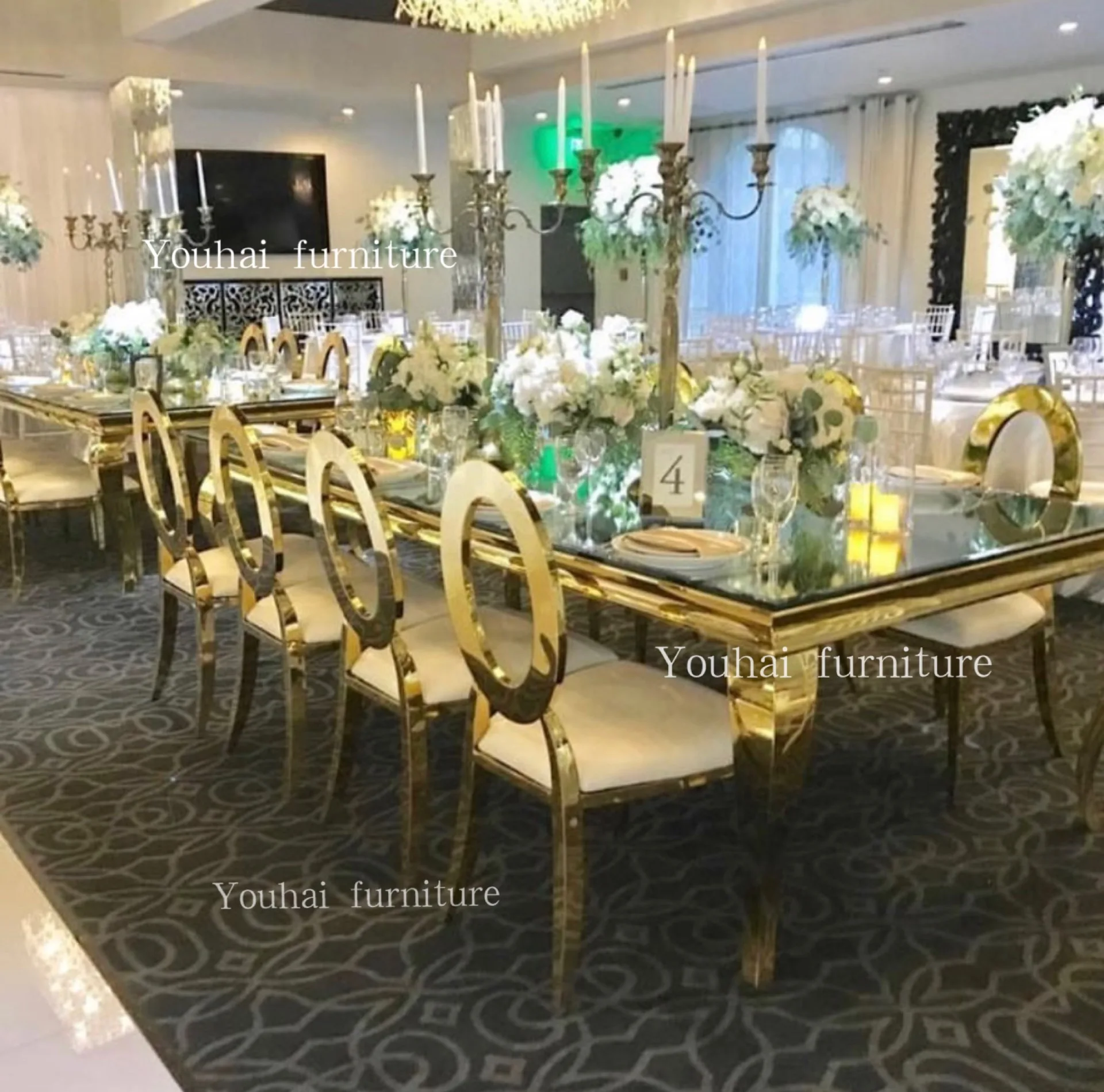 Luxury gold wedding furniture rectangular stainless steel base event banquet table for sale