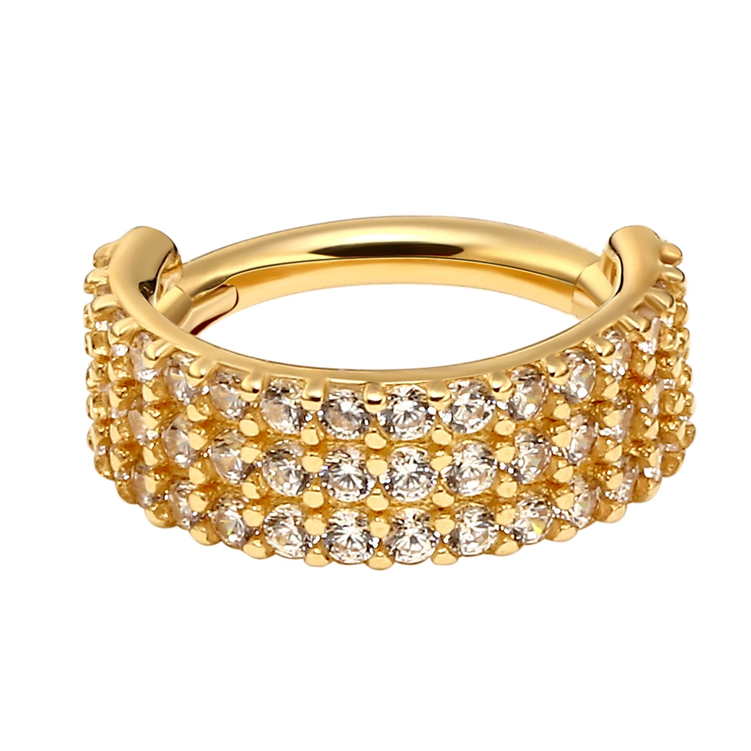 Eternal Metal 14K Solid Gold Triple Line Paved CZ Segment Clicker Nose Hinged Ring Earrings Bodi Pierc Jewelry