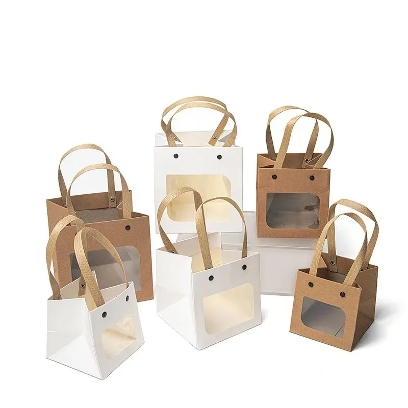 Kraft Paper Bags with Handle Recyclable Window Opening Paper Bag, Wedding Souvenir Gift Packaging Bag