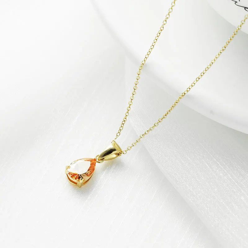 N042-007 Halo pretty gold single cubic zirconium stone stainless steel drop necklace