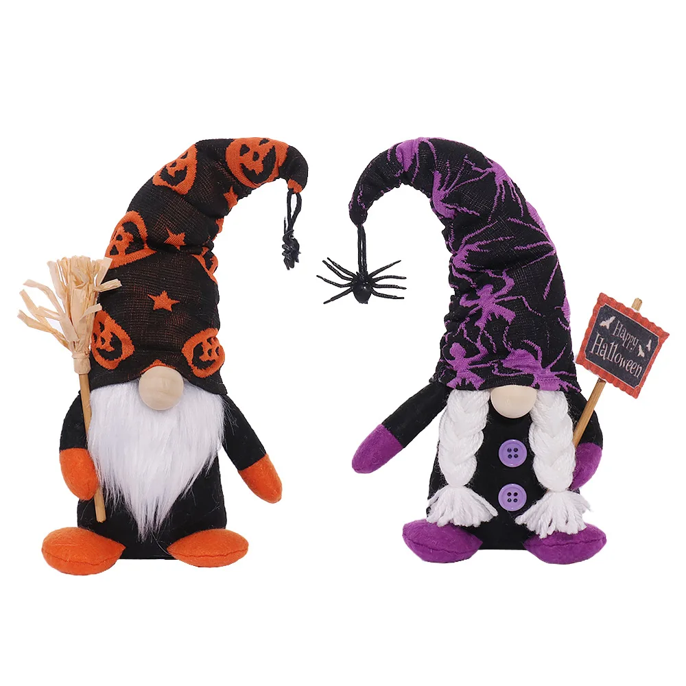 New Pumpkin Spider Print Faceless Dolls Couple Gnome Holding Broom And Sign For Happy Halloween Decorations Standing Plush Dwarf