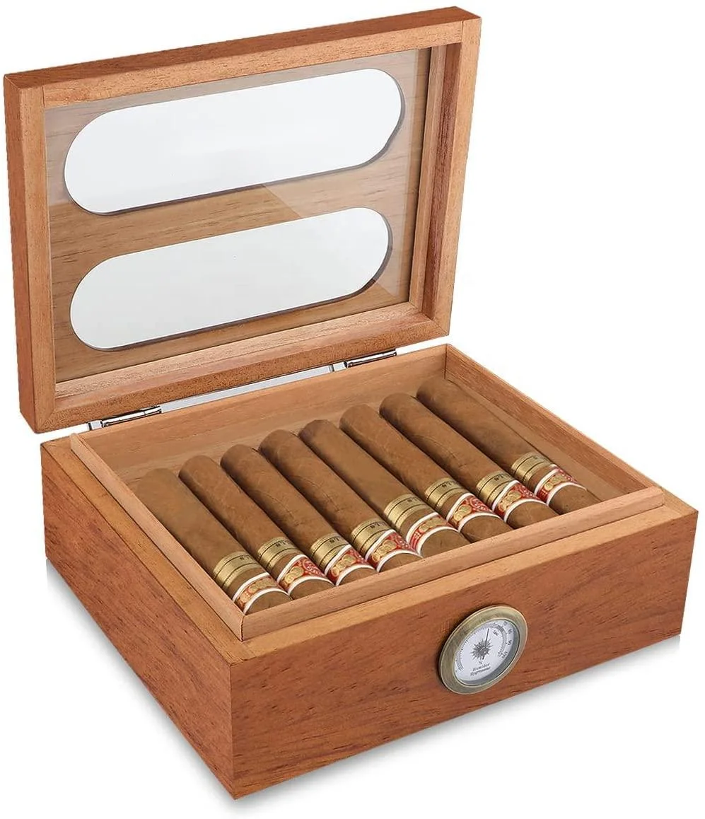 40-60 Cigars Tempered Glass Top Humidor Cigar Cabinet Box with Front Hygrometer and Humidifier Spanish Cedar Wood Cigar Humidor.