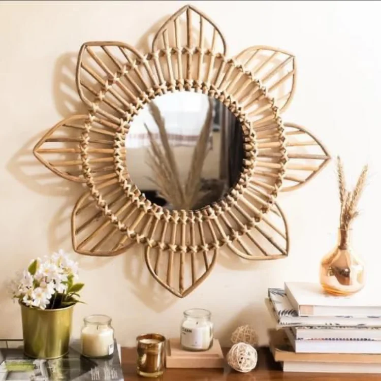 Modern Vintage Style Natural Seagrass round Wall Mirror Factory Direct Hanging Decorations Vietnam Bamboo Rattan Bedroom Decor