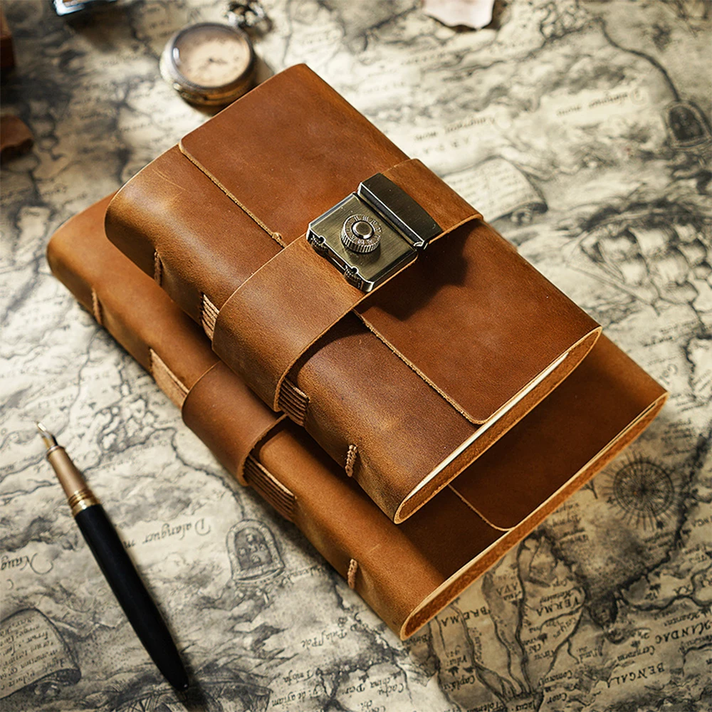 Vintage Genuine Leather Diary Hand Ledger Combination Lock Stationery Gifts Top Layer Cowhide Notebook Business Journals Custom