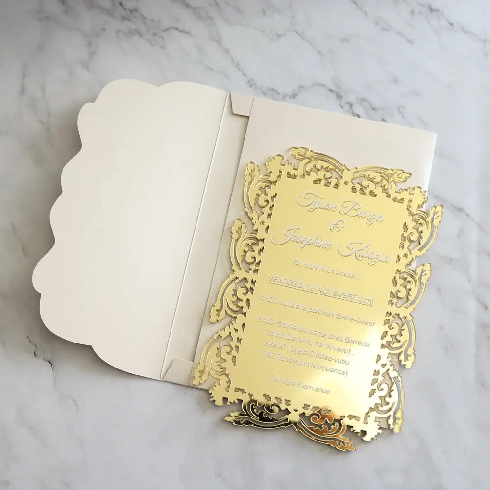 New designs Custom Gold Mirror laser cut Acrylic Wedding Invitations with hot stamp text birthday invitation cards menu cards