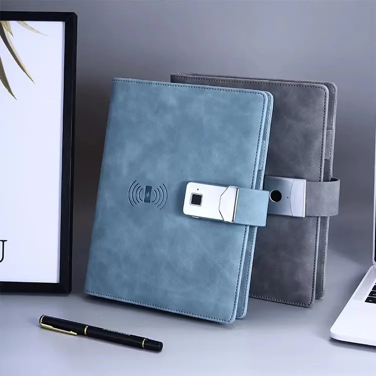 Lork Fingerprint Lock Notebook with 8000mah Power Bank Wireless Charging A5 Digital Agenda Planner Promotion Leather Powerbank