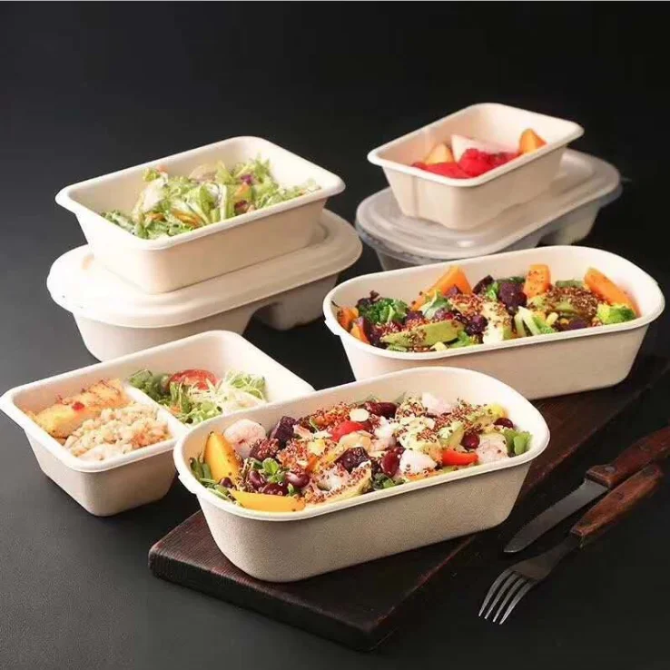 SenAng05 Cheap Single Compartment Compostable Clamshell Container Oval Microwave Safe Bagass Pulp Lunch Box
