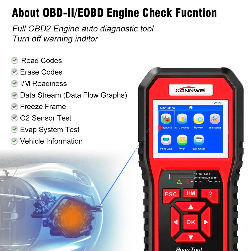KONNWEI Factory obd2 diagnostic tool KW850 EVAP Escaner Automotriz Engine Analyzer for Universal Cars