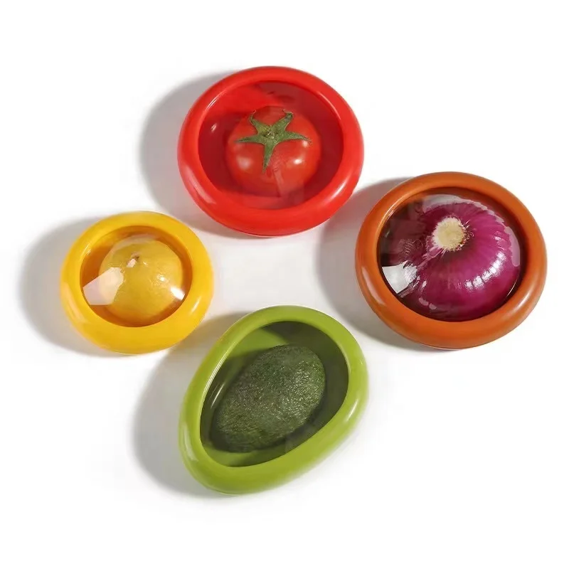 Set Of 4 Fresh Keeper Avocado Tomato Orange Onion Storage Container Lemon Keeper Silicon Lids Silicon Food Cover For Vegetable