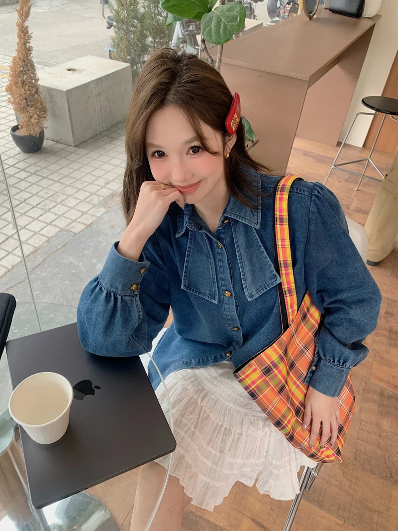 Autumn Winter Denim Women Shirts Bows Sweet Solid Korean Fashion Basics Blouses Elegant Casual Loose Blouse Mujer