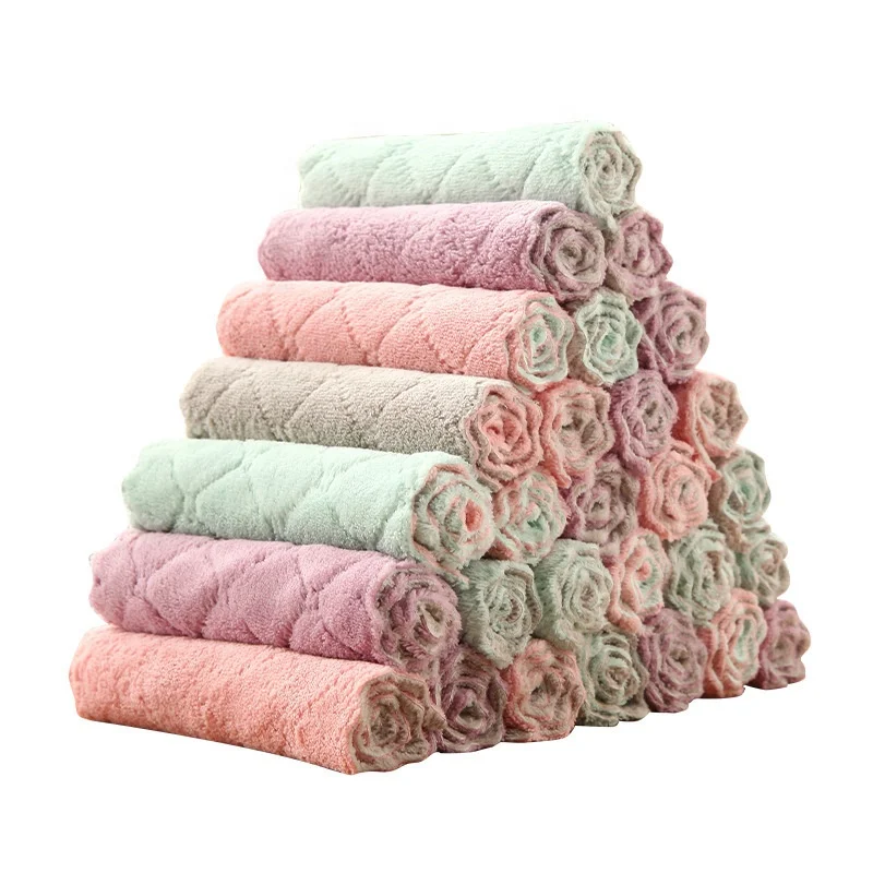 Wholesale Double Sided Microfiber Kitchen Cleaning Cloth Coral Fleece Towel Household Kitchen Rag