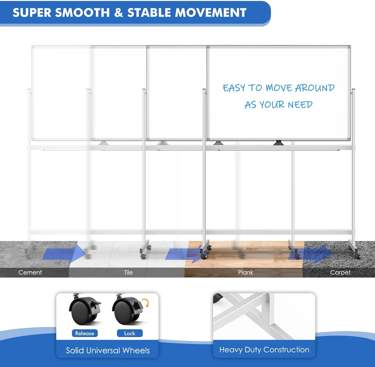 360 degree adjustable double side mobile big marker custom Magnetic Stand whiteboard easel on wheels 40x72 for classroom
