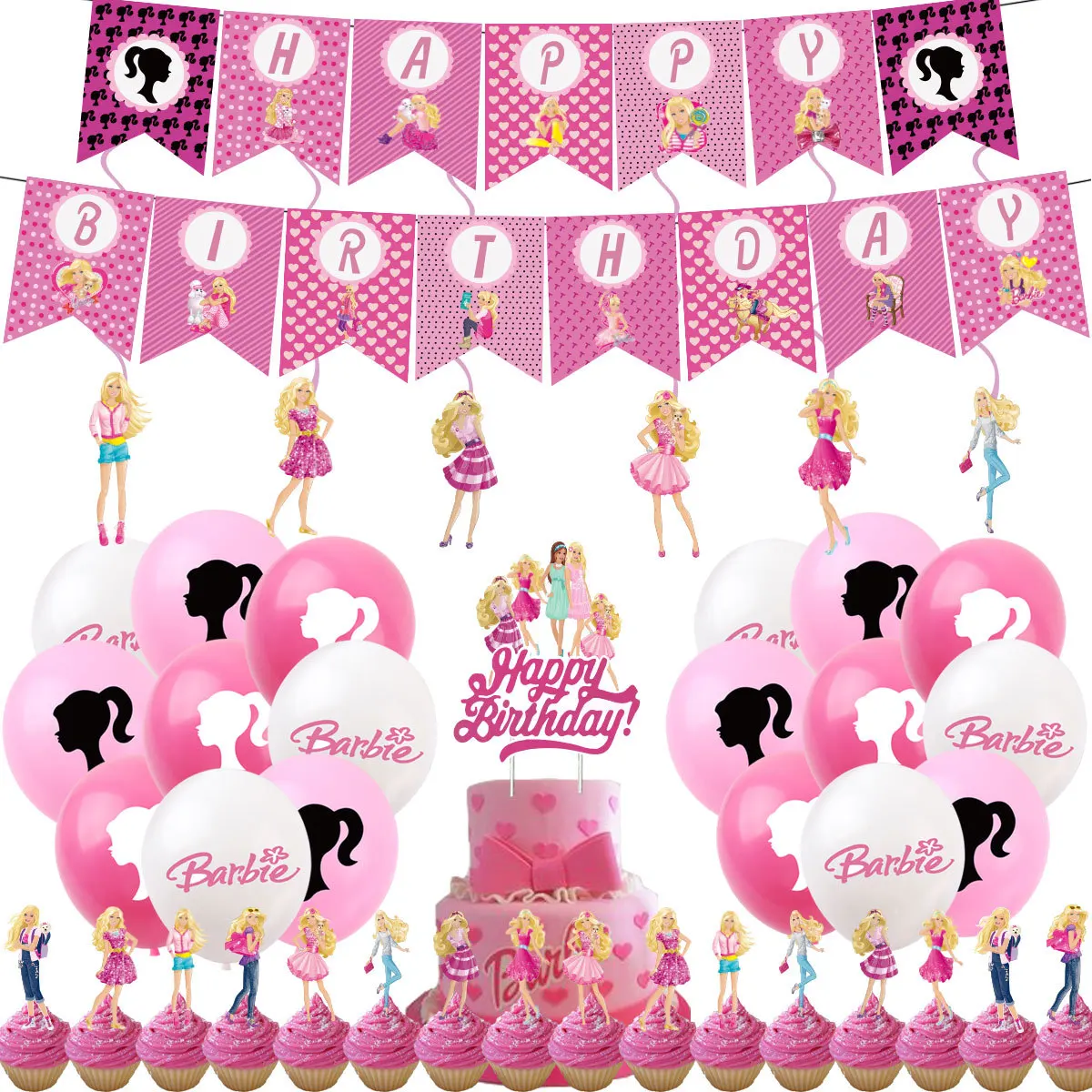 Pink Cartoon Princess Kids Birthday Barbied Doll Theme Balloons Party Supplies Banner Cake Decor Baby Shower Globos K0044