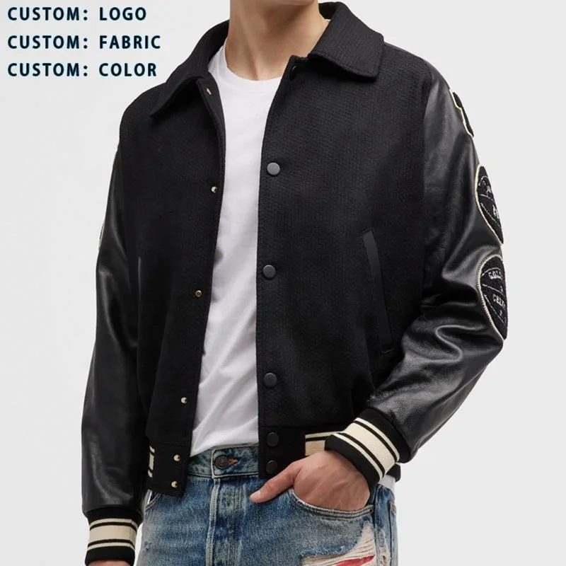 Stand Collar Custom Print Outdoor Jacket Oversize Black Coat Leatherman Varsity Jacket For Men