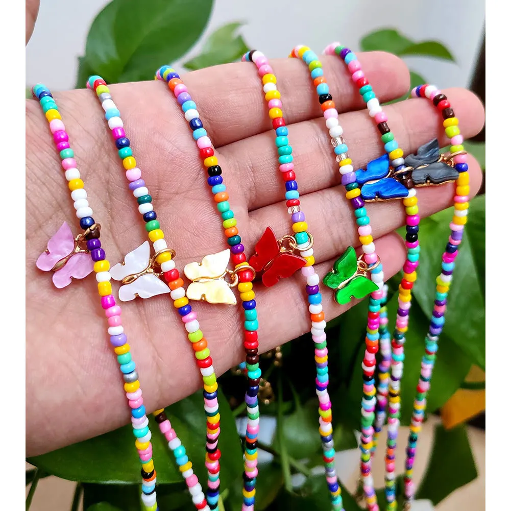 Amazon Best Sale 2022 Most Popular Multi Color Glass Charm Luxury Woman Statement Lady Collar Butterfly Pendant Cute Necklace
