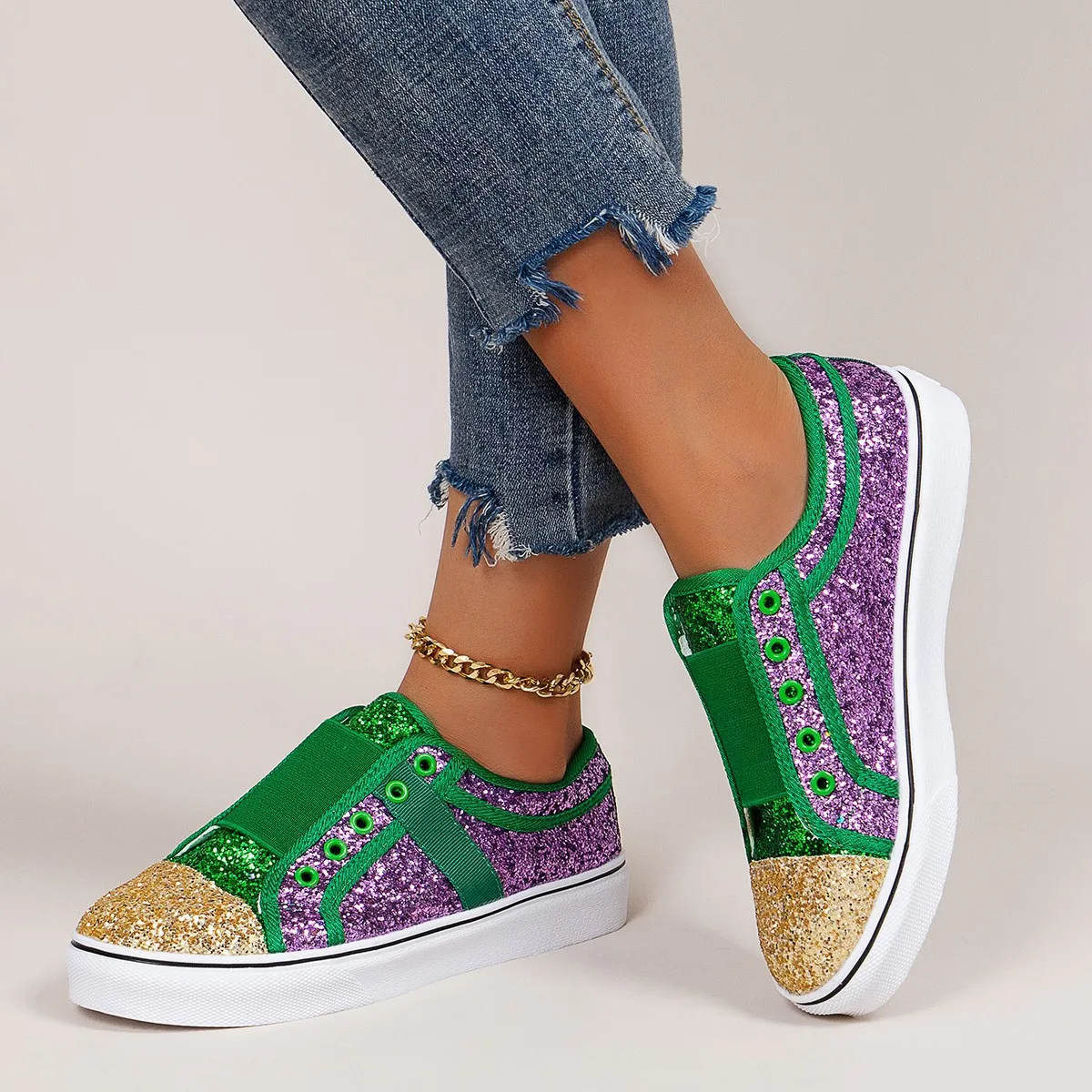Mardi Gras Women Sparkling Glitter Green Gold Purple Ladies Low Top Slip On Sequin Sneakers Flats Female Casual Sport Shoes